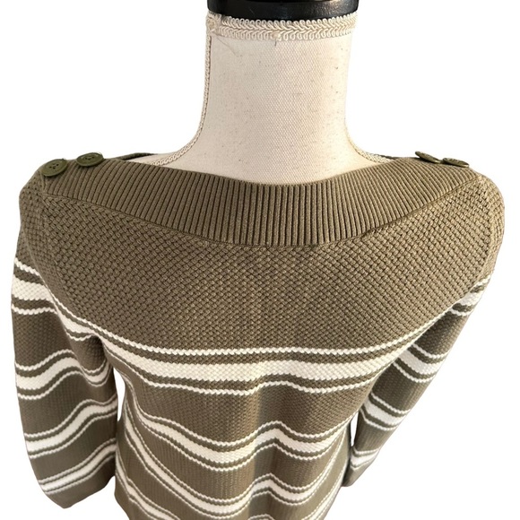 Talbots BASKET WEAVE SWEATER STRIPE Women’s SZ Medium Olive & White Knit Fall - Picture 7 of 9